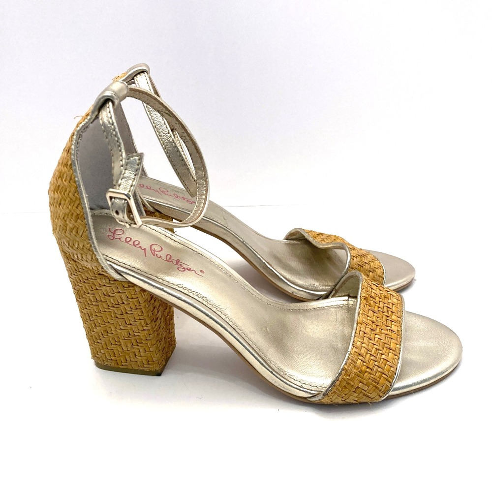 Lilly Pulitzer Amber Lynn Straw Sandal Ankle Strap Womens 8 Leather Lined Heel